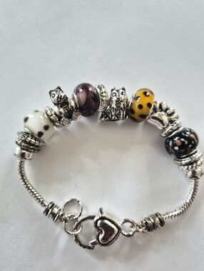 Cat Charm Bracelet Pandora Style Glass Beads Silver Tone Cute Animal Jewelry
